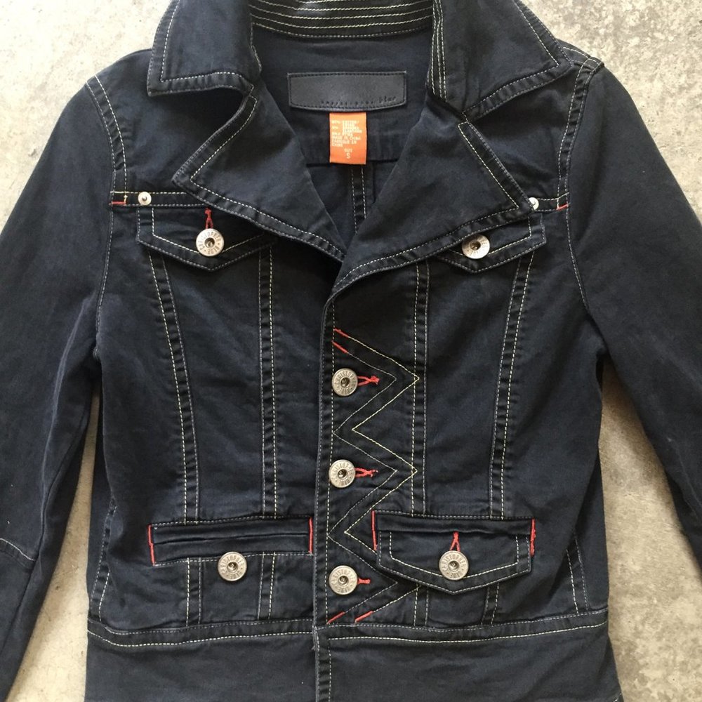 Christopher Blue Black Denim Moto Jacket size S